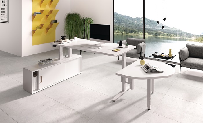 Schreibtisch A-ktiv H650-1300xB2000xT1000mm weiß-Eiche m.Sideboard Kufe
