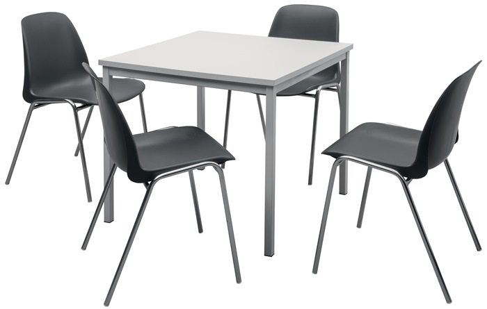 Tisch/Stühleset 1 Tisch 800x800mm u.4 Stapelstühle Gestell verchr.